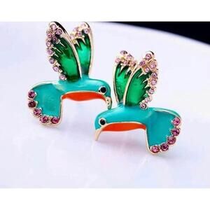 Absolutely Gorgeous Multi Colored Enamel Rhinestone Hummingbird Earrings